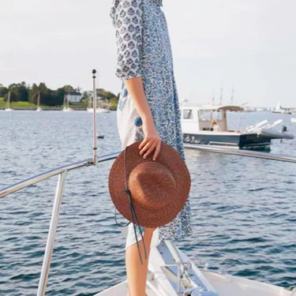 Lola hat from Tuckernuck Wide-Brim Straw Fedora in Rust with Navy Band - Picture 2 of 11